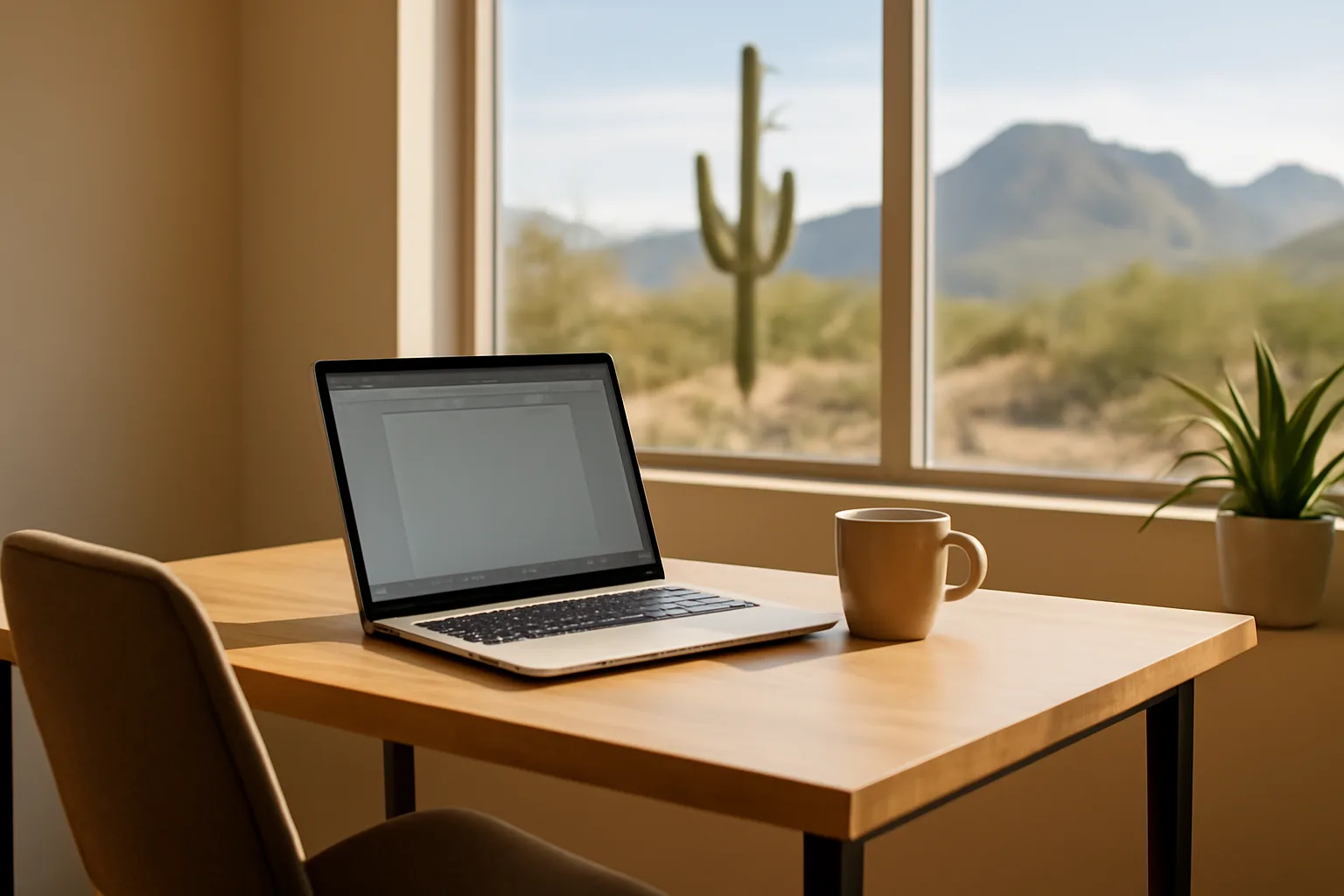 Scopist home office workspace in Arizona with laptop and desert view