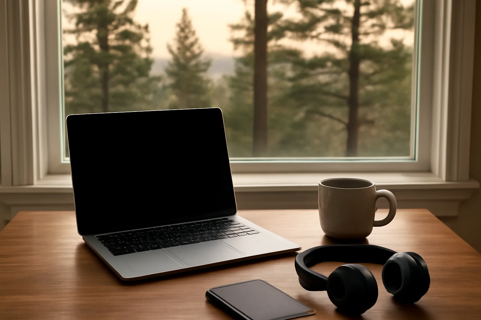 Arkansas home office desk with laptop and headphones for scopist work