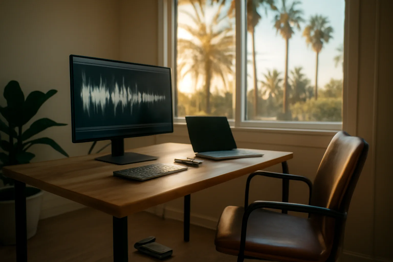 California home office setup for scopist transcription, monitor with audio waveform and foot pedal on the floor.