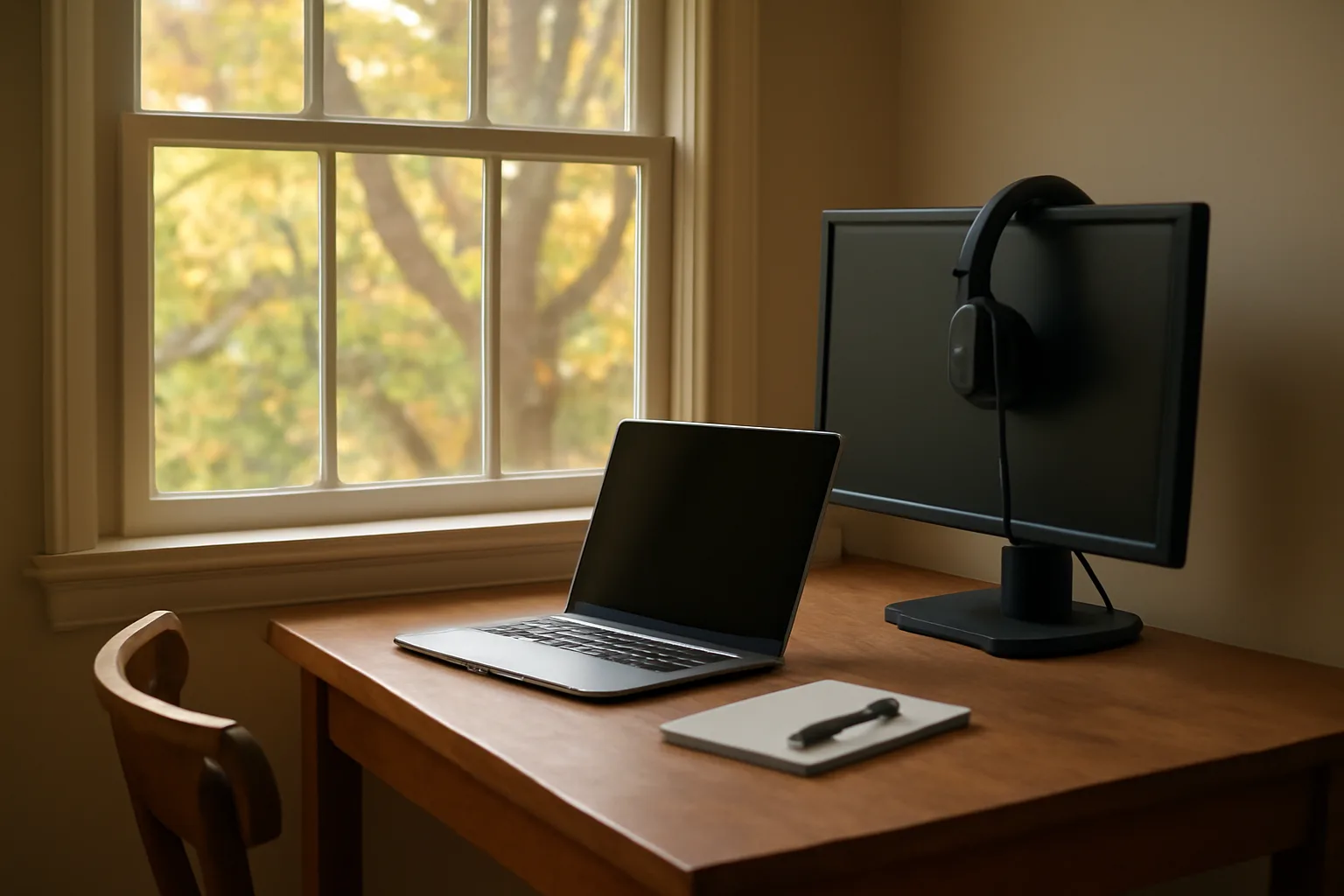 Connecticut home office desk with laptop and headphones for scopist work
