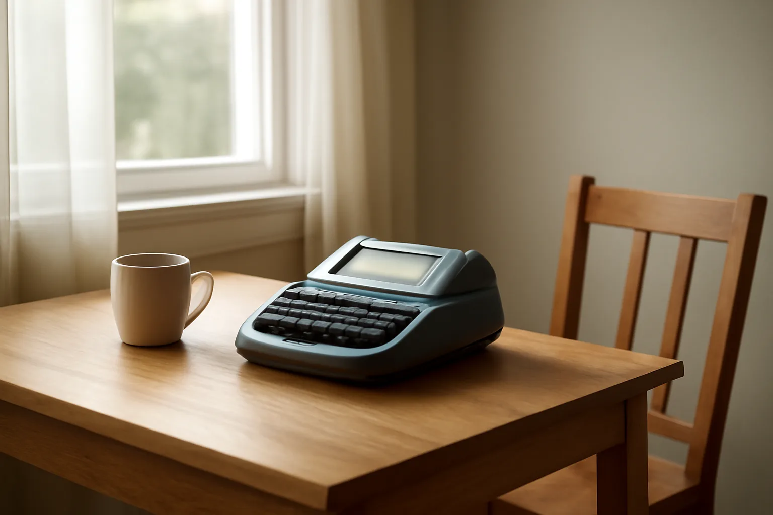 Stenotype machine on a wooden home office desk in morning light