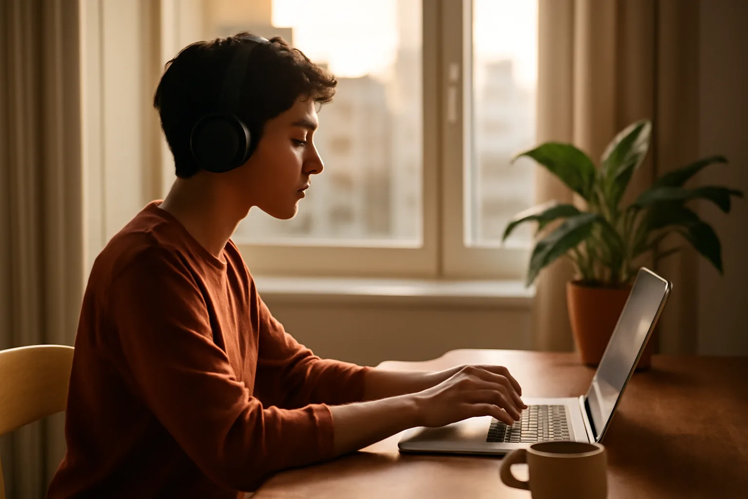Person in profile at a wooden desk doing scopist editing work