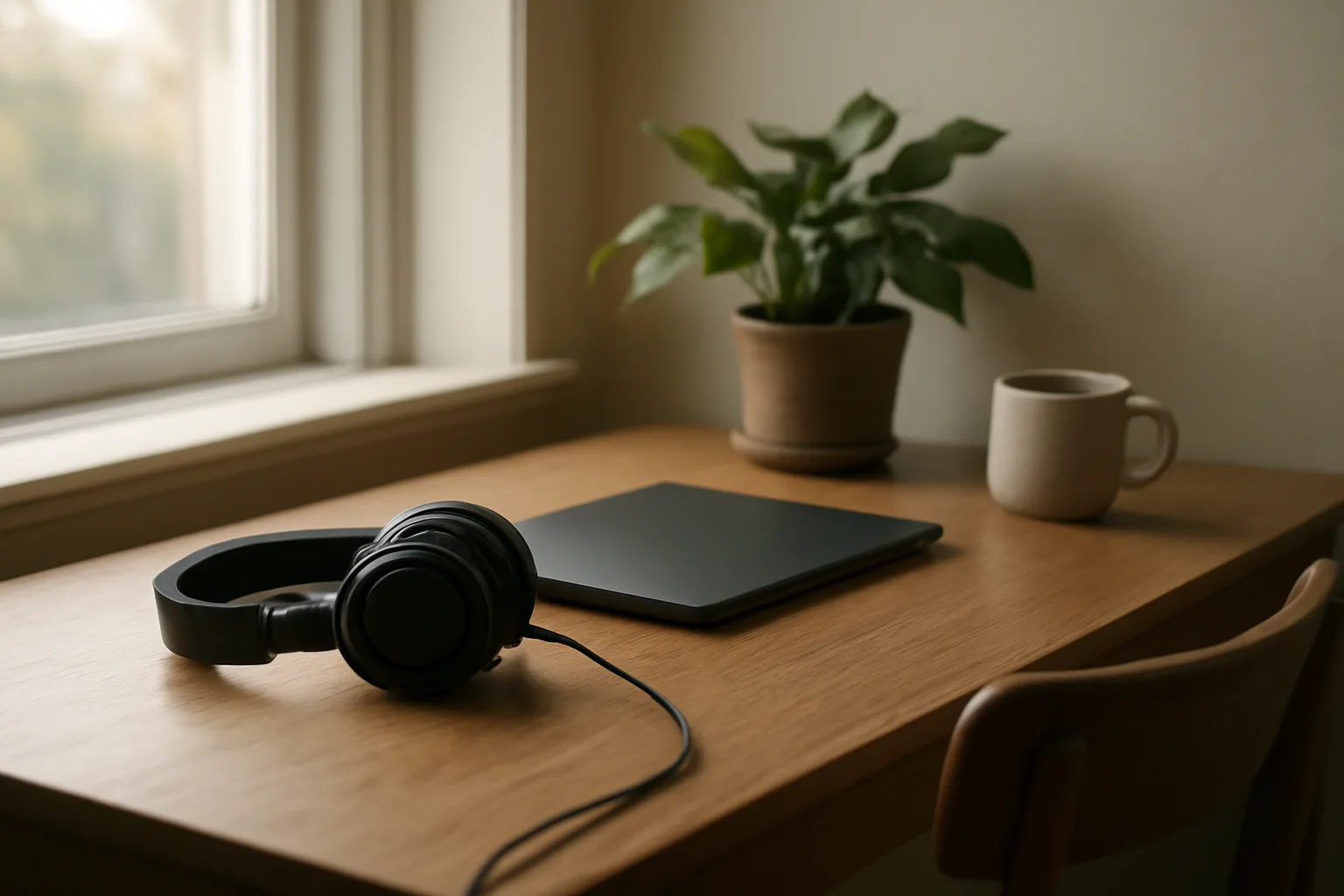 Wooden desk with headphones and closed laptop for scopist editing
