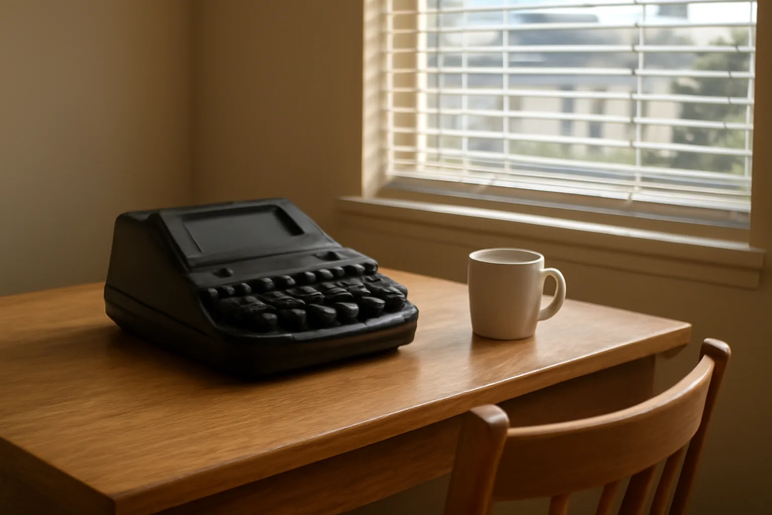 Stenotype machine on a sunlit home desk for scopist work
