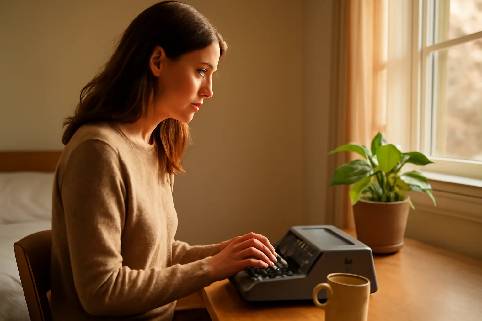 Scopist at a home desk with a stenotype by a window