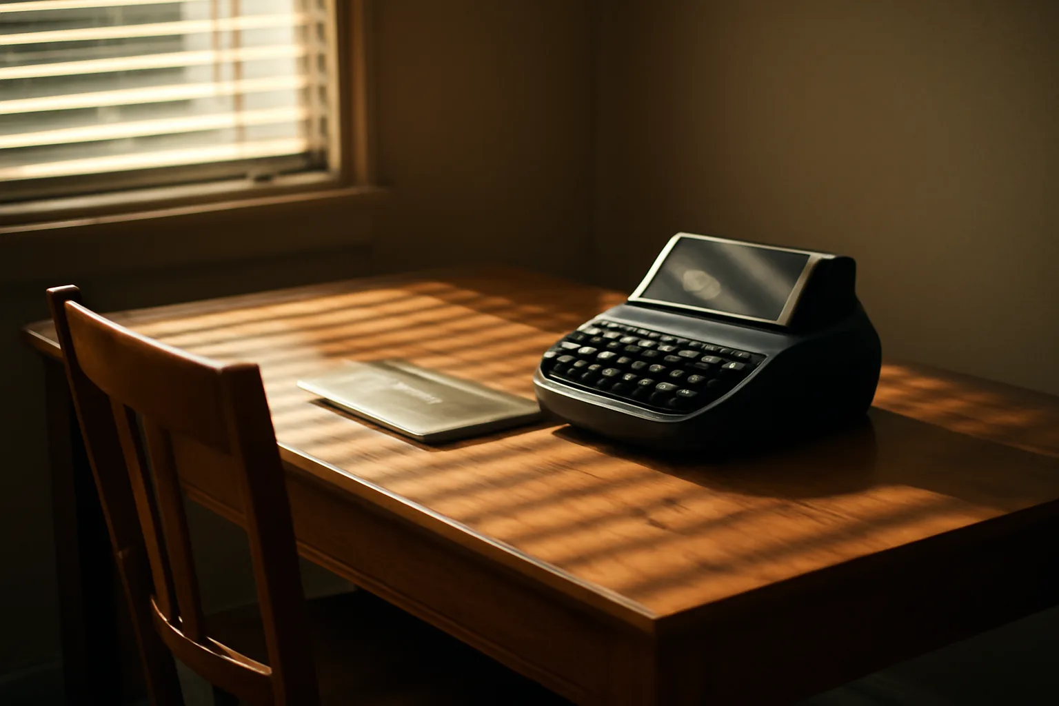 Stenotype and closed laptop on a sunlit home office desk