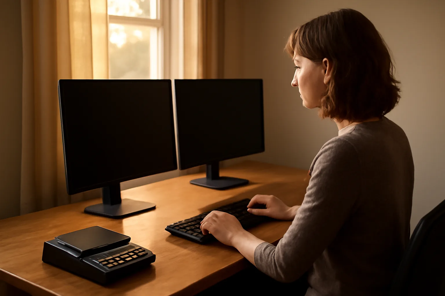 Person at a desk with a closed stenotype for scopist work