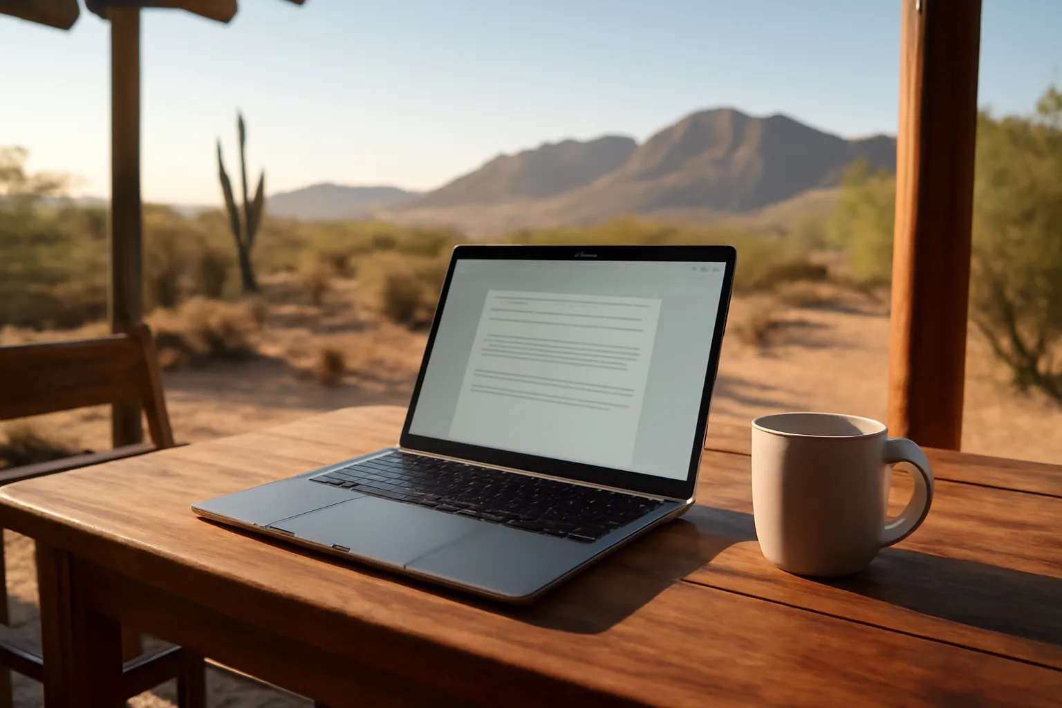 Arizona desert patio with laptop set up for scopist editing work