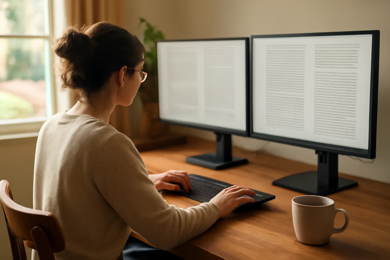 Scopist editing transcript on dual monitors in a California home office.