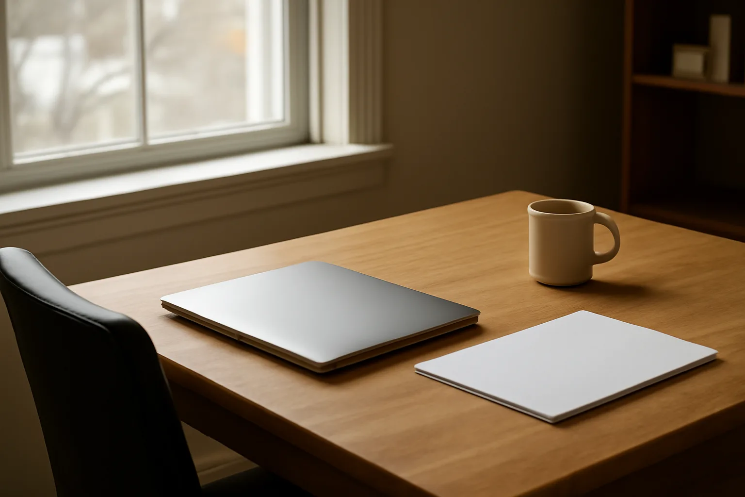 Denver home office desk with closed laptop and blank paper for scopist renewal work