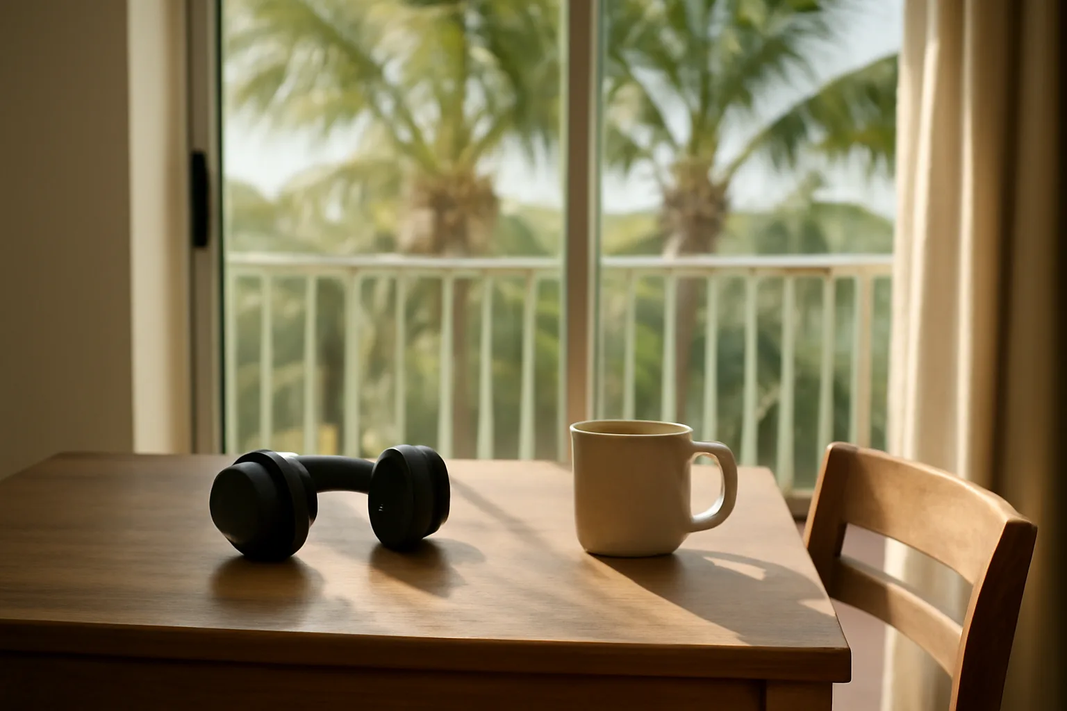 Sunlit Florida condo desk ready for quiet scopist editing work