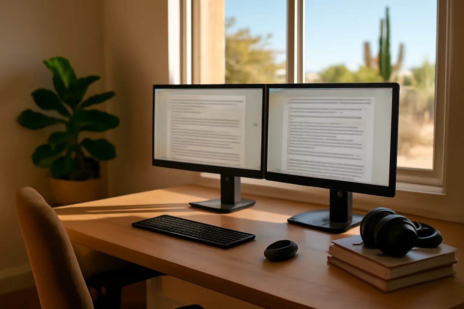 Home office desk with transcript editing software and Arizona morning light
