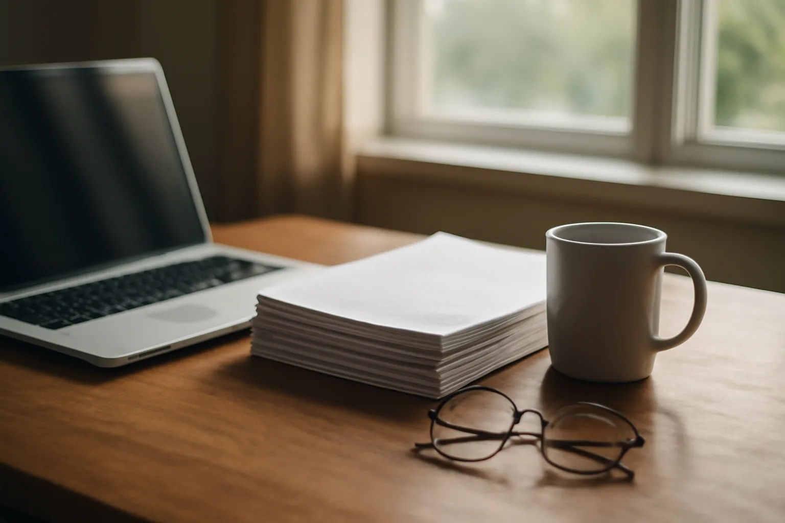 Home office desk in Arkansas with transcription pages, laptop, and coffee in morning light.