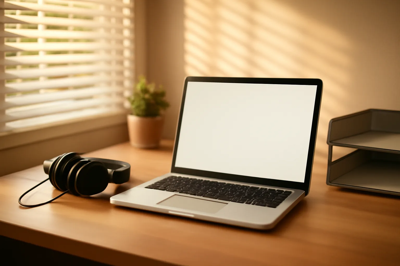 Scopist home desk in Denver with laptop, headphones, and paper tray