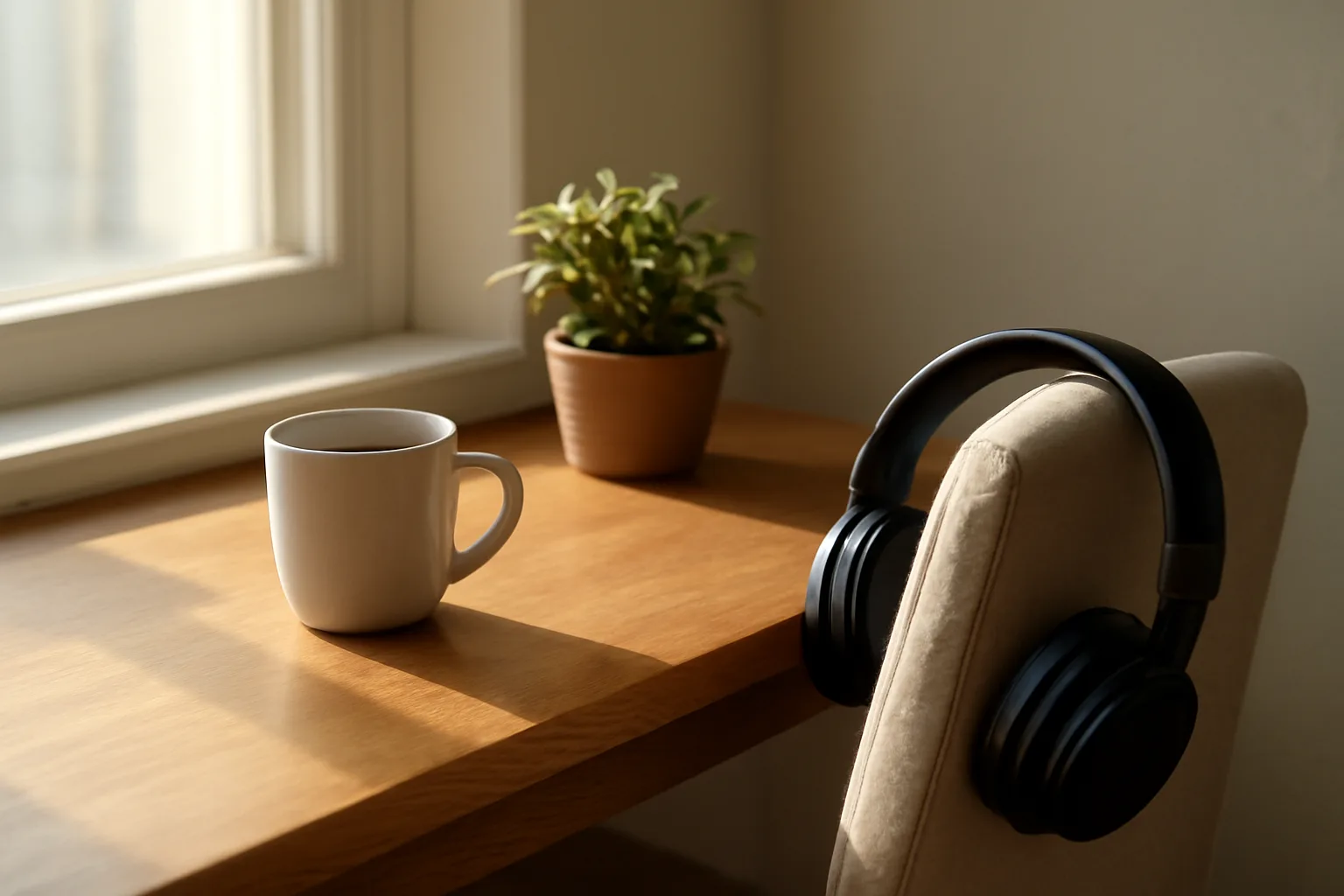 Quiet home desk with headphones in morning light for scopist work