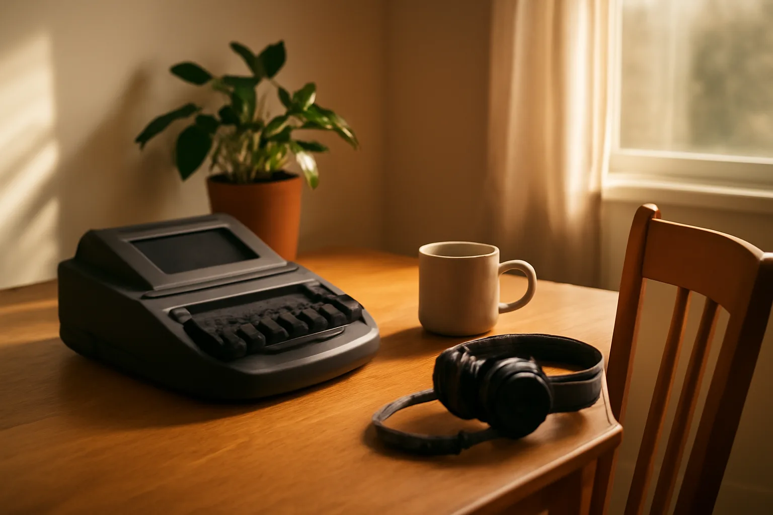 Stenotype machine on a sunlit spare-room desk for scopist work