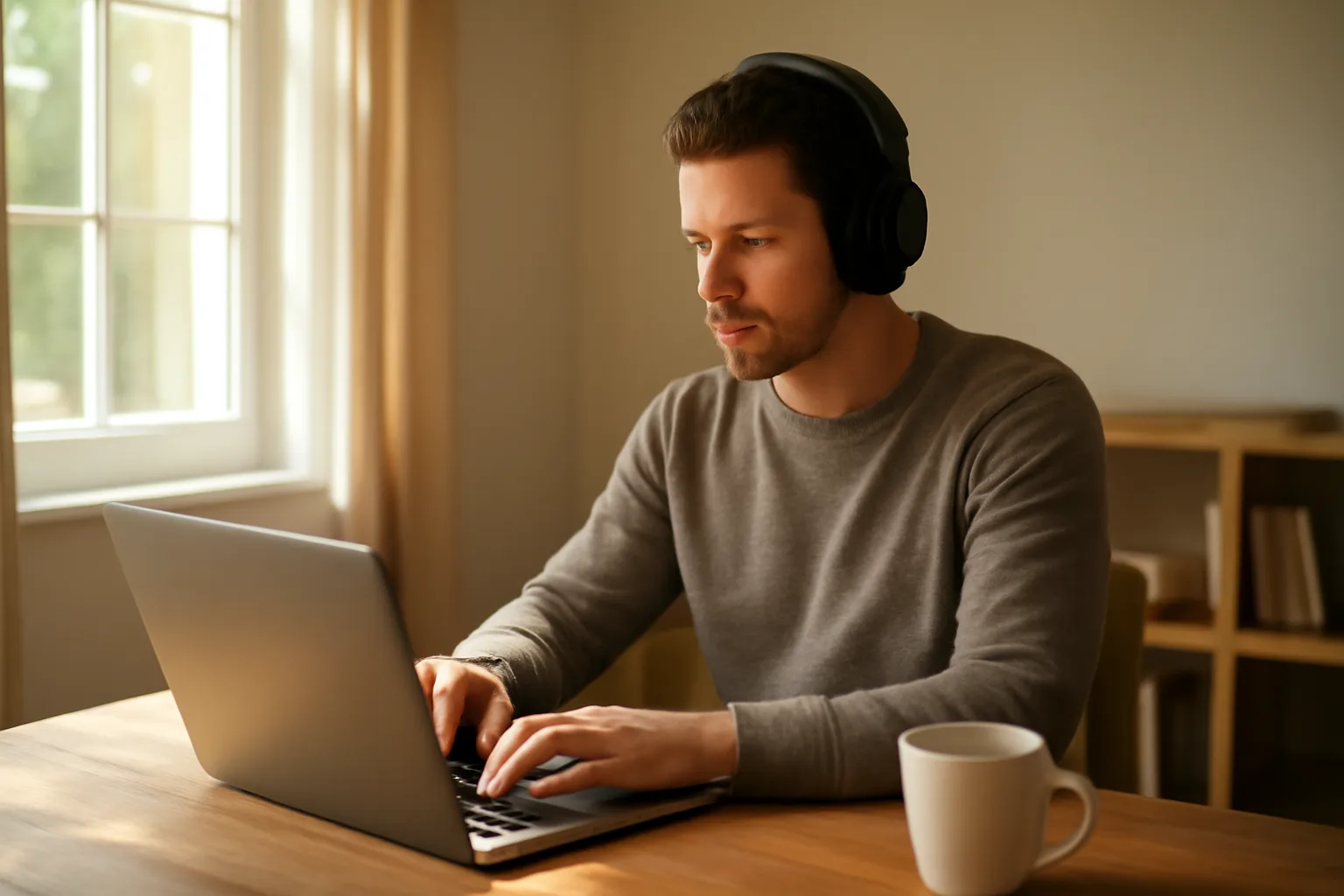 Scopist working at a home desk in Alabama with headphones and laptop