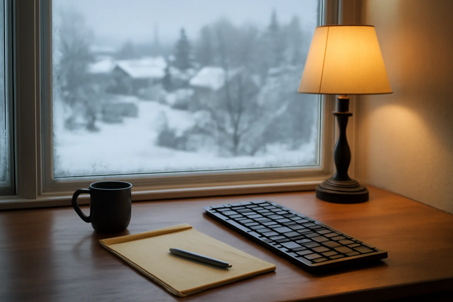 Home office desk with legal notepad overlooking snowy Anchorage neighborhood in winter