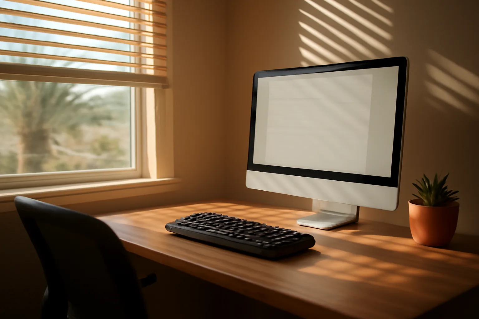 Home office desk with keyboard and monitor in Phoenix morning light