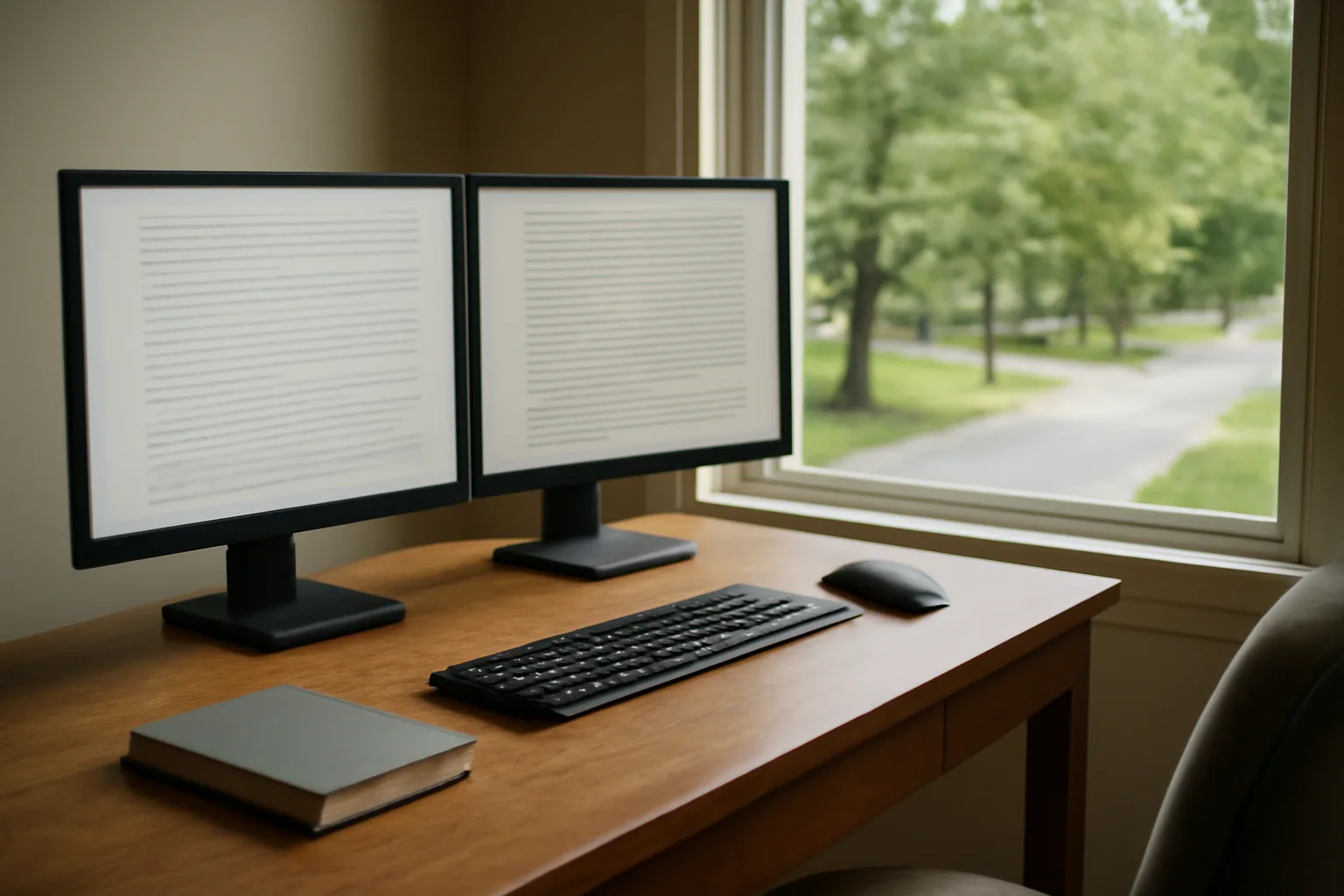 Scopist home office setup in Arkansas with dual monitors and notebook
