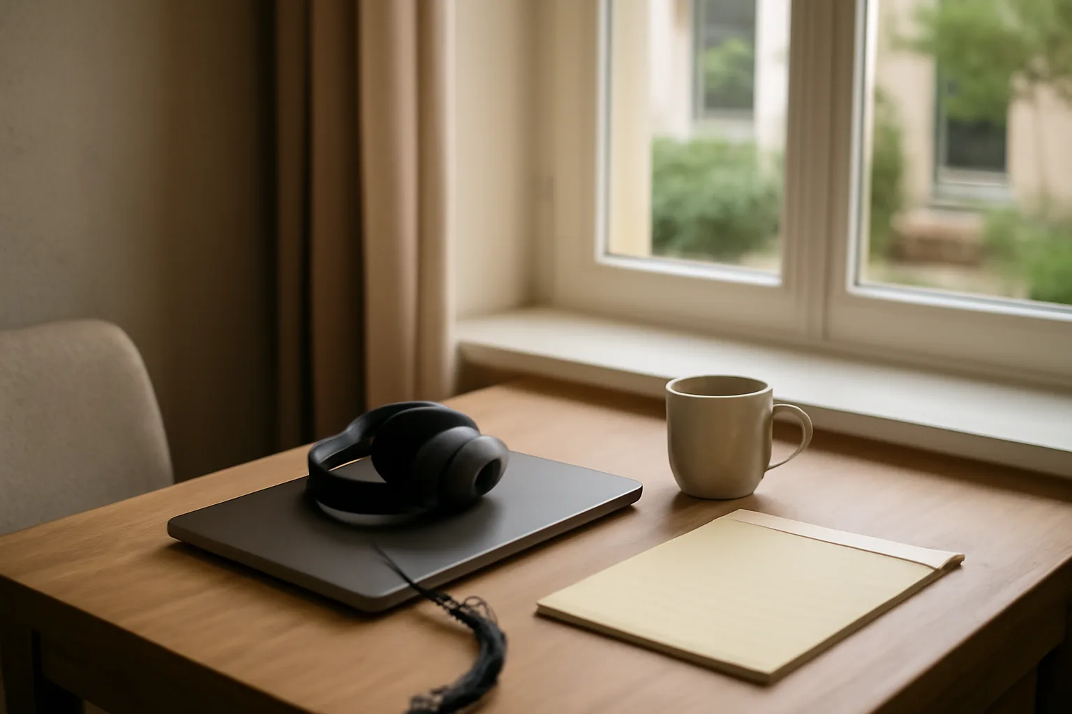 Quiet scopist home office desk with coiled headset and blank legal pad