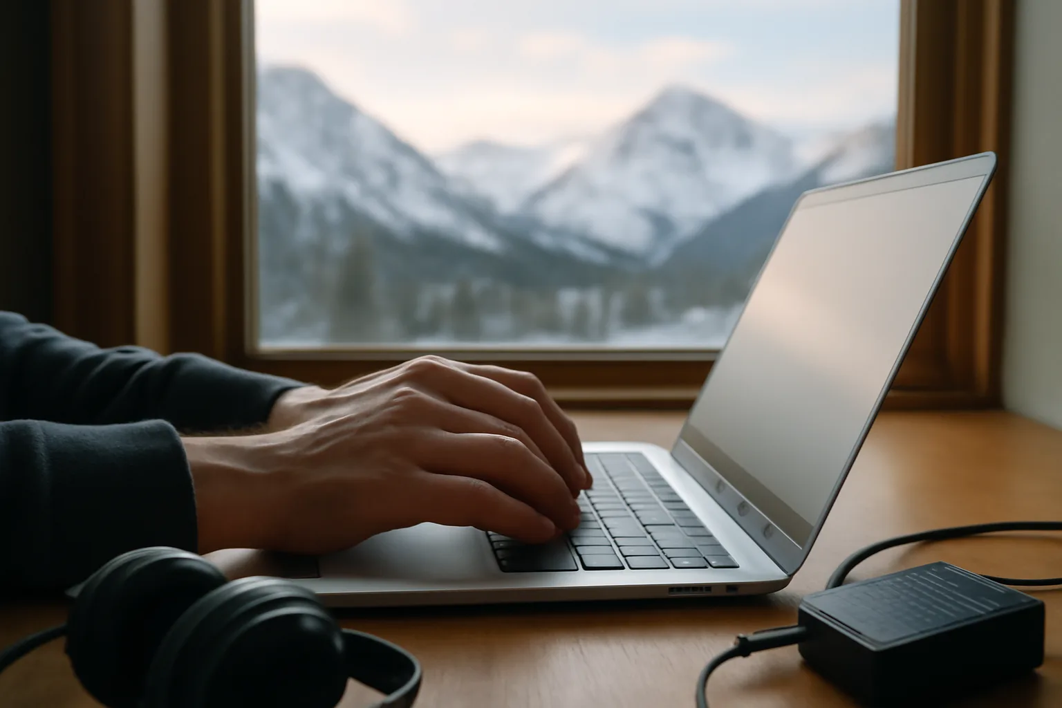 Hands editing court transcript on laptop near snowy Colorado mountains