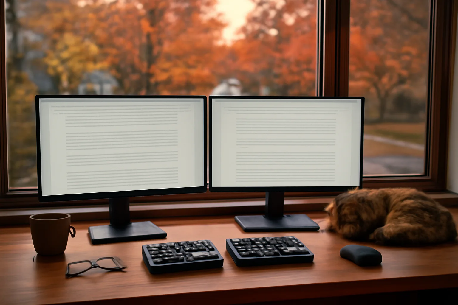 home office setup for a scopist in Connecticut with dual monitors and transcript text on screen