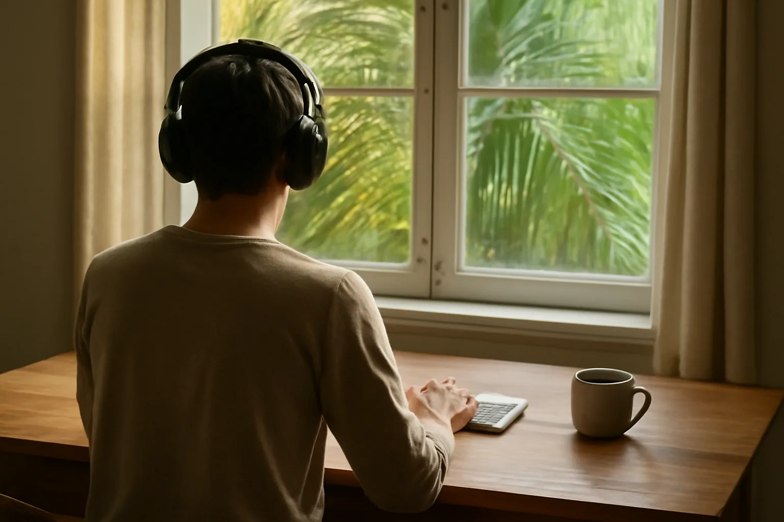 Florida scopist working at a sunlit cottage table with headphones