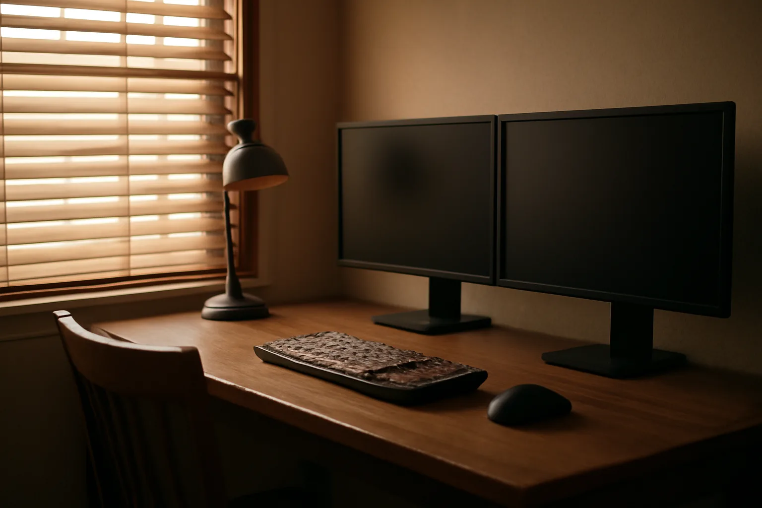 Home office desk with keyboard and monitors where a scopist works in Alabama