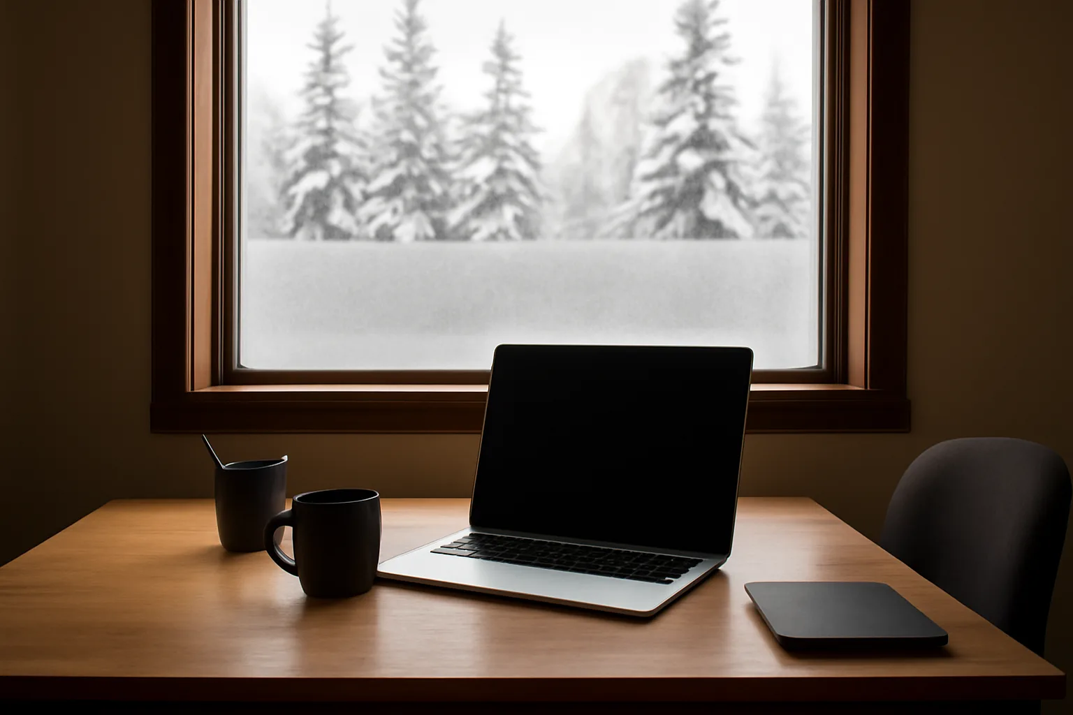A wooden desk with an open laptop in an Alaska office, snow-covered trees outside the window