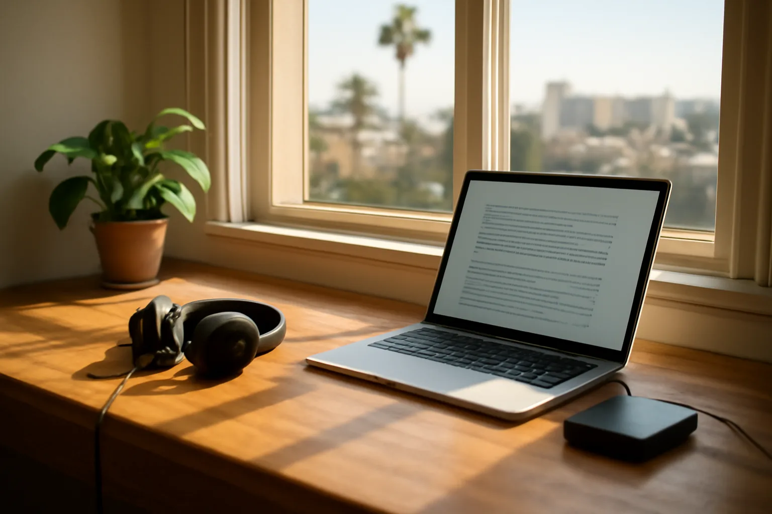 desk setup with laptop, headphones, and foot pedal for scopist work in california
