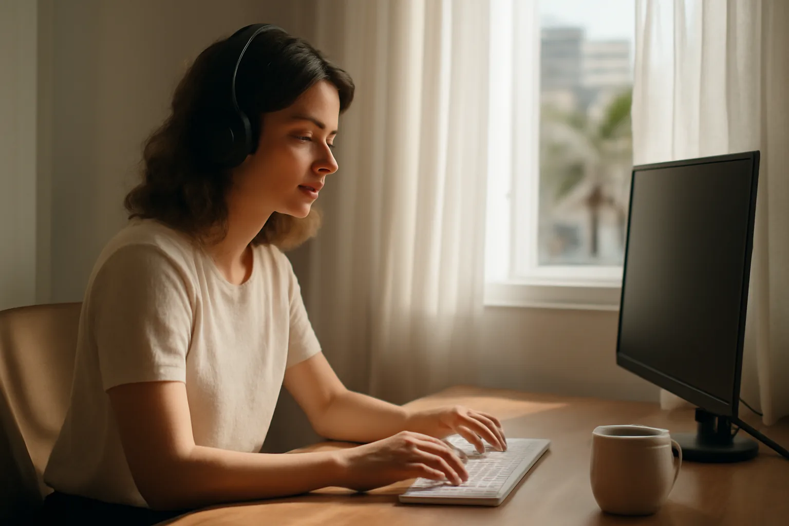 Scopist at a Miami desk editing a transcript in morning light