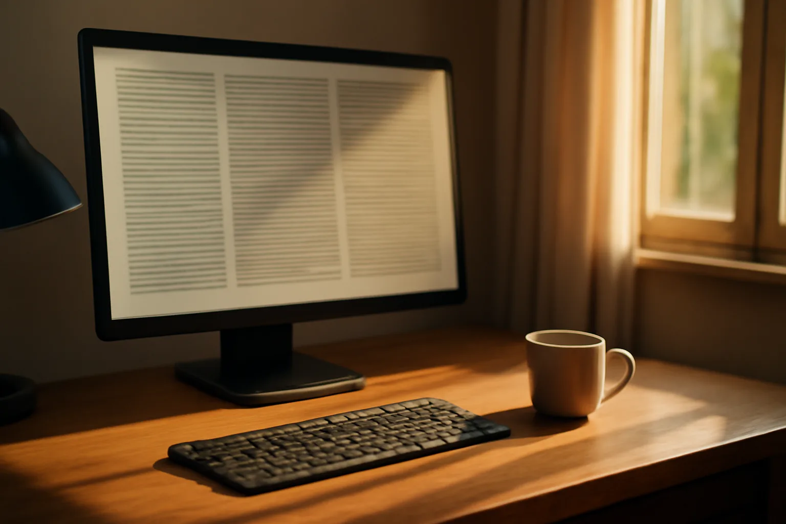 Home office desk with monitor and coffee showing scopist work setup in Alabama