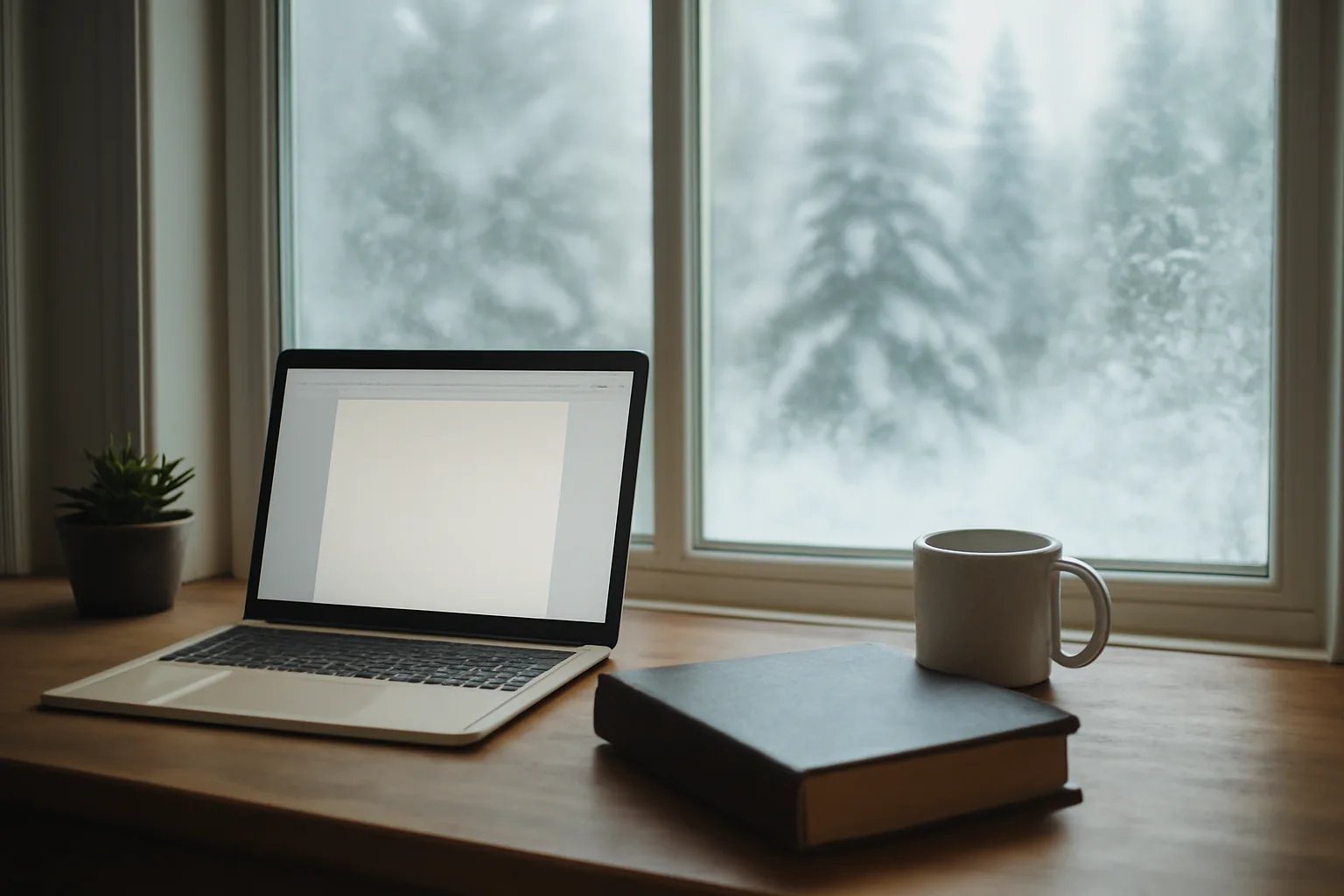 Home office desk with open laptop and legal dictionary near snowy Alaska window