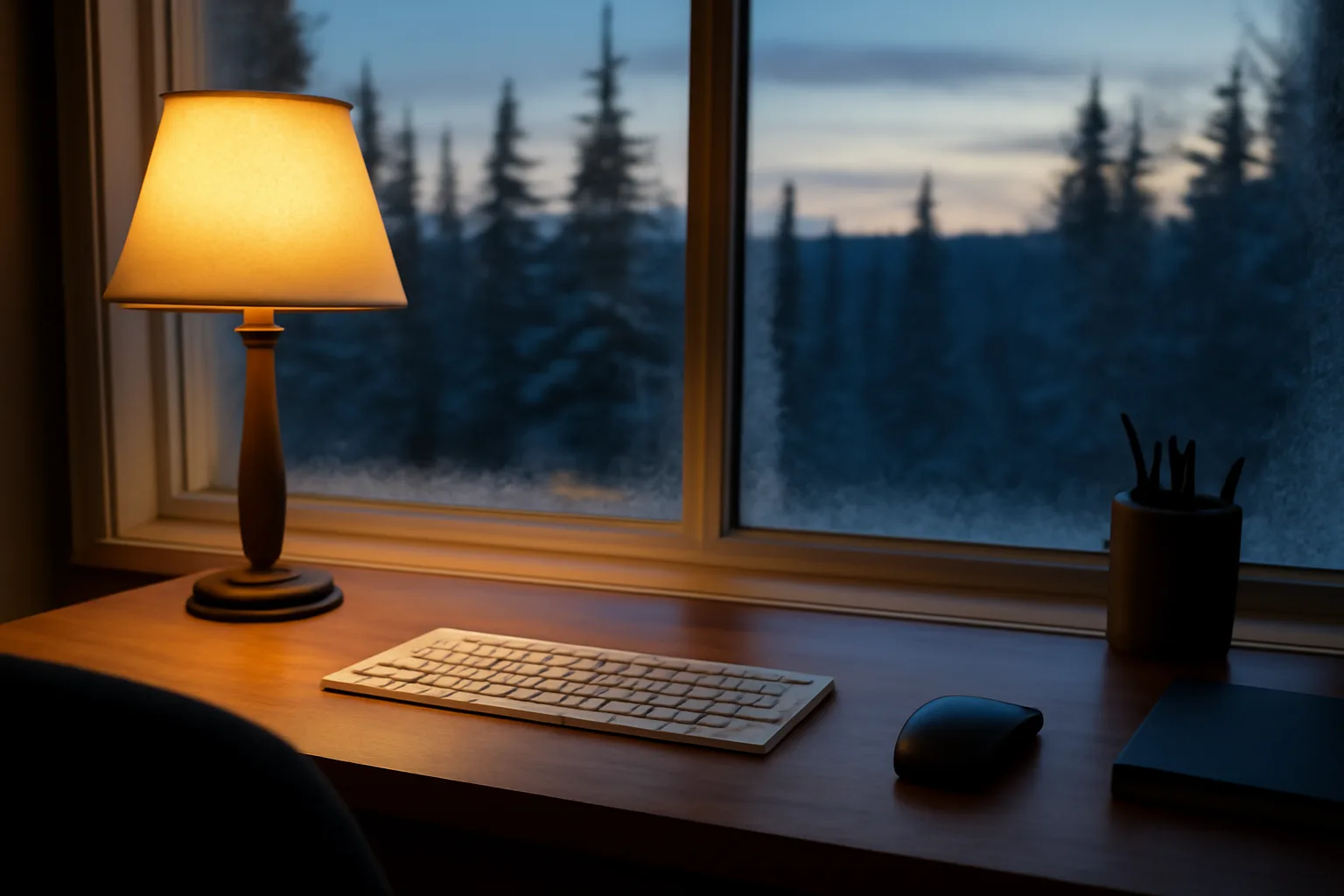 Home office desk with a lamp overlooking a snowy Alaska spruce forest at dusk