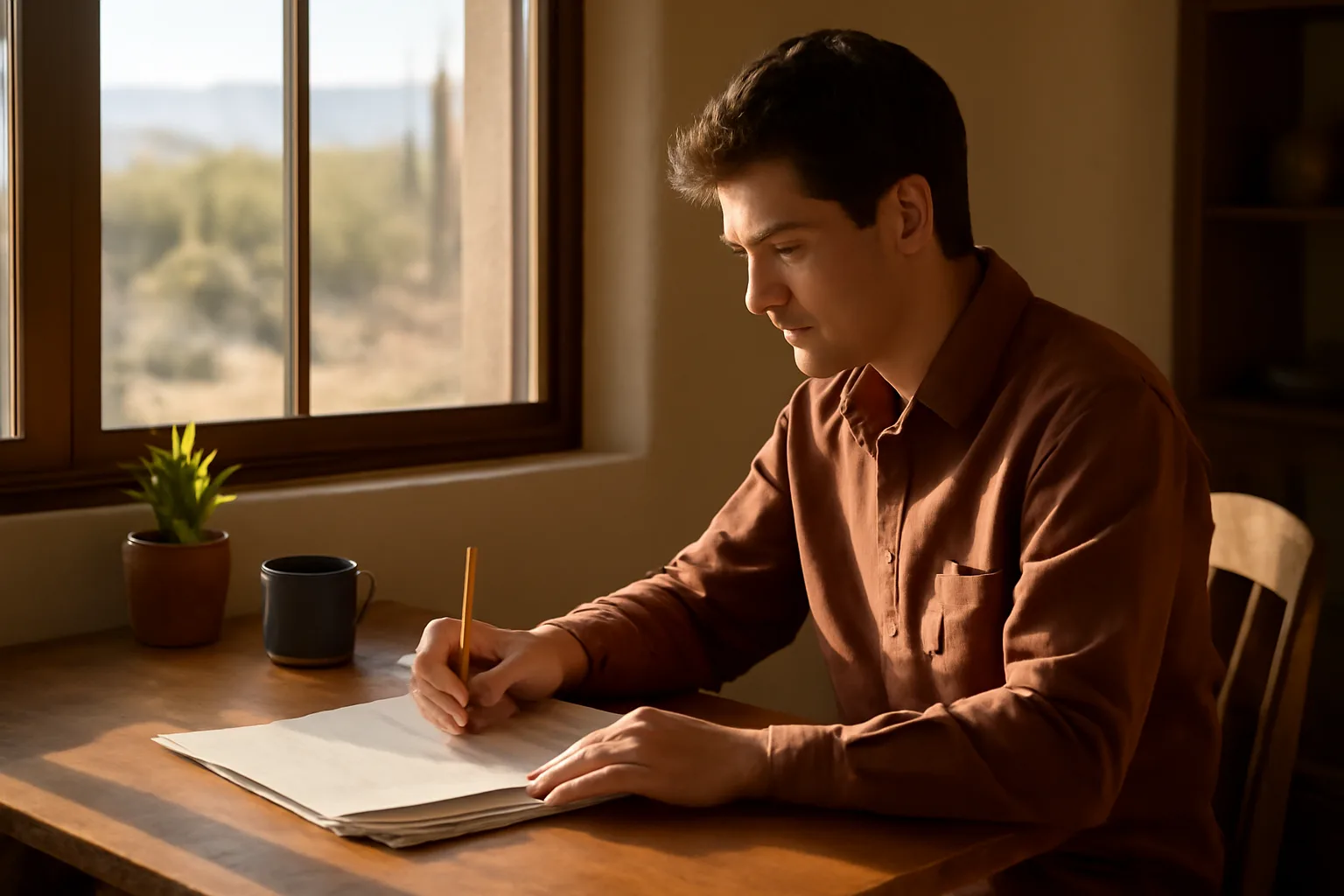 Person editing transcript pages at a sunlit home office desk in Arizona