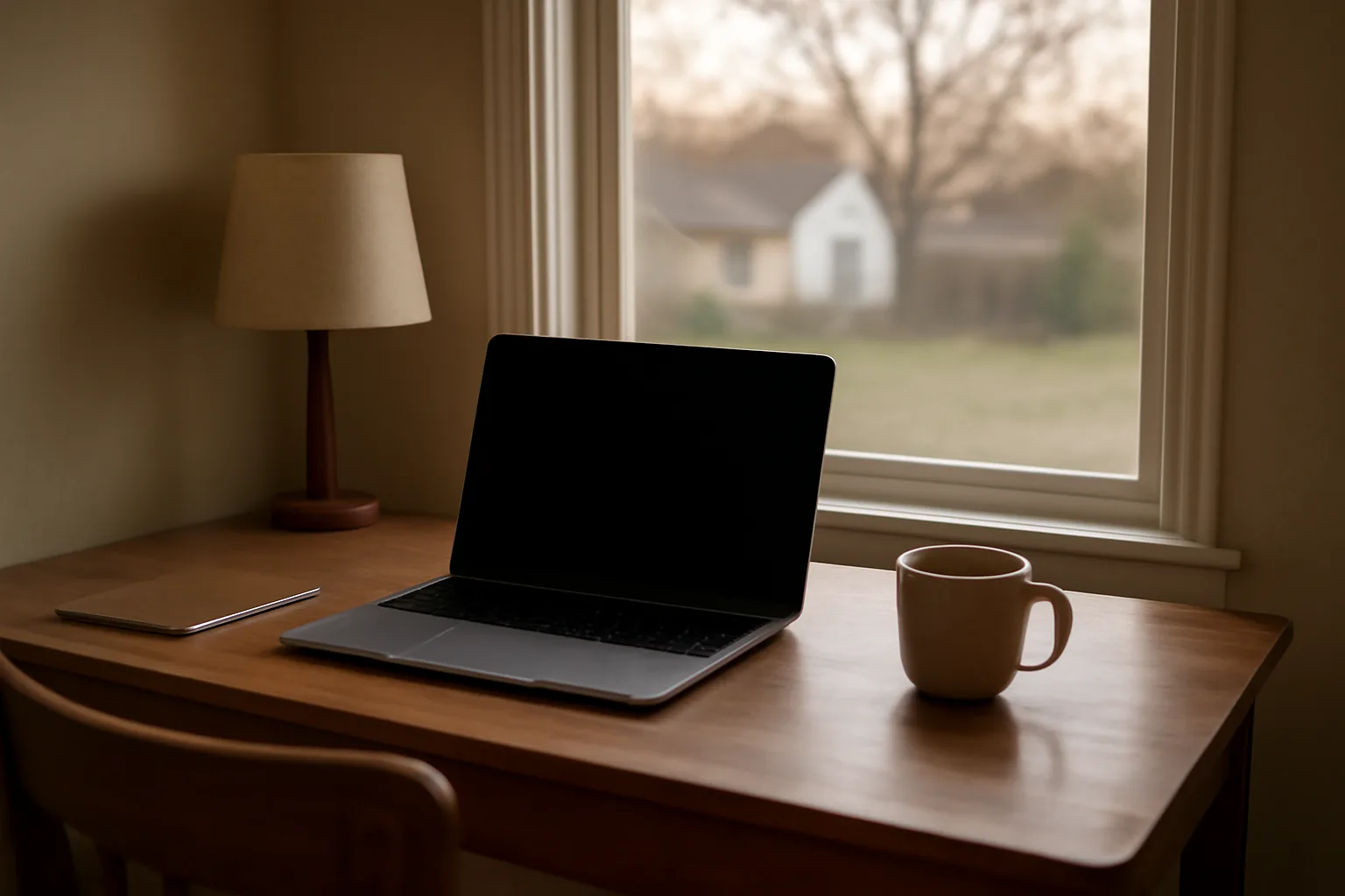 Home office desk with laptop and coffee in Arkansas