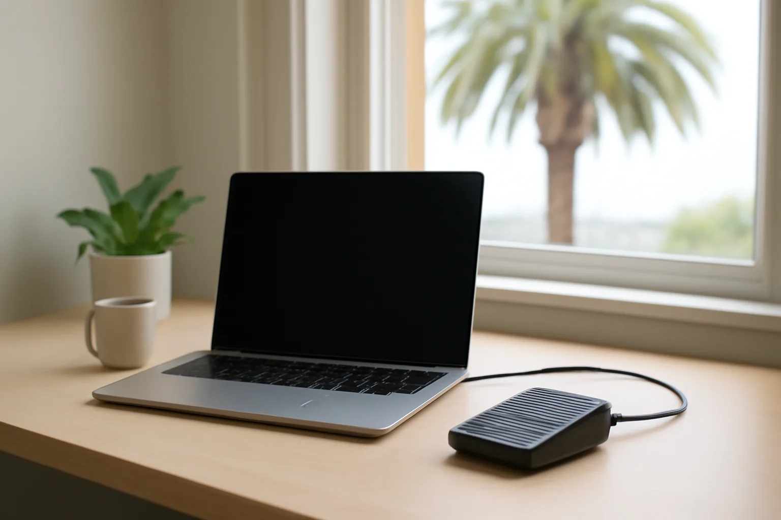 Scopist's home office desk with laptop and foot pedal, California palm tree outside.