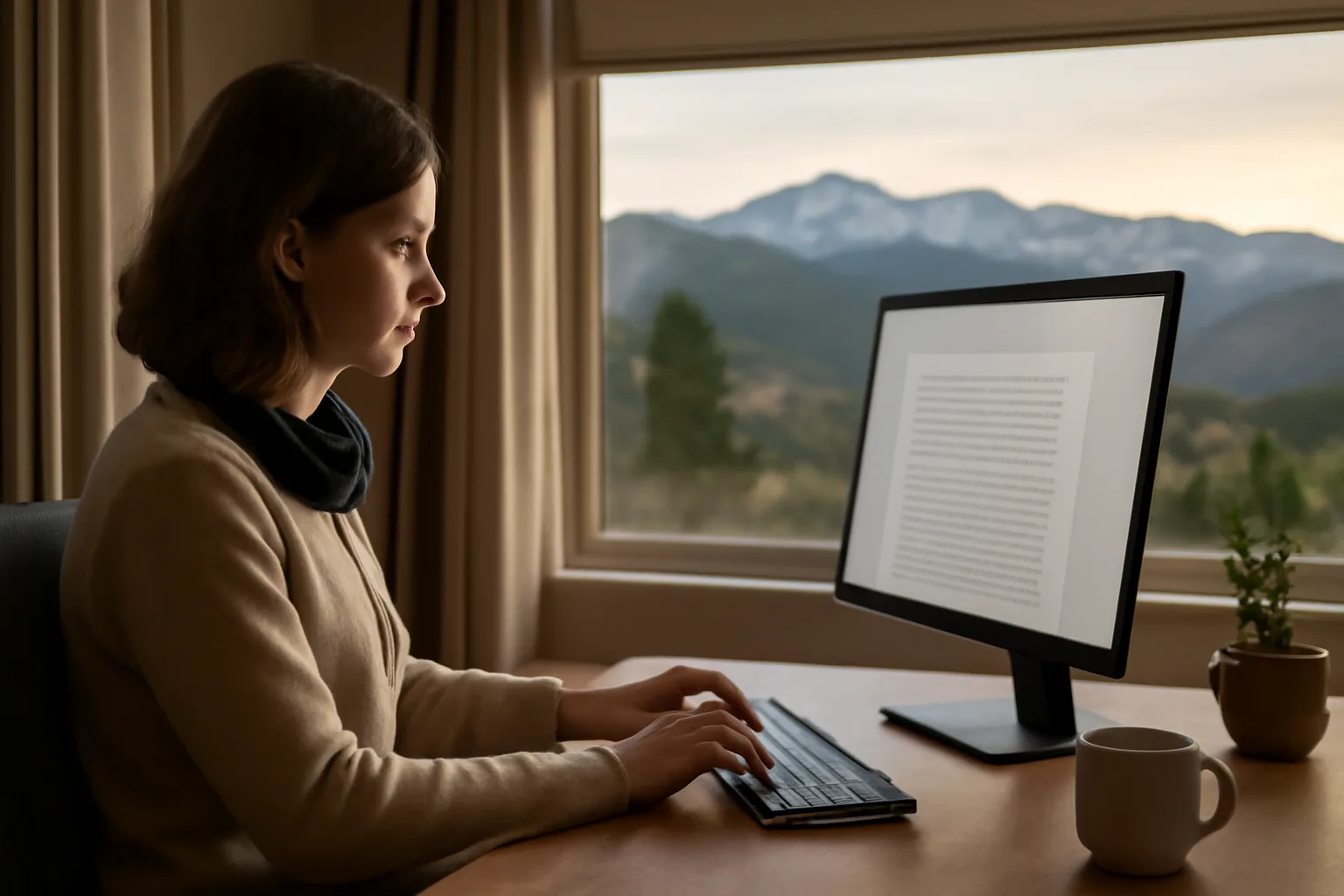Colorado home office with transcript editing monitor and mountain view