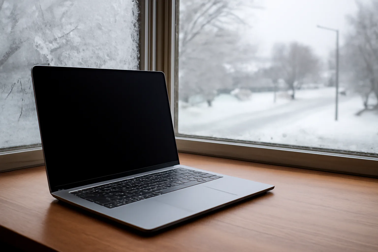 Laptop on a desk near a frost-covered window overlooking an Anchorage street