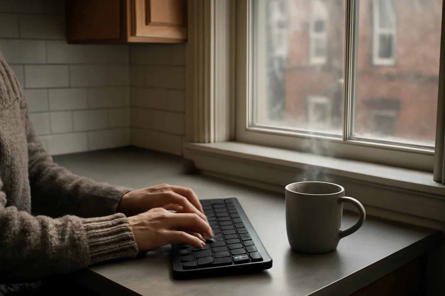 New Haven kitchen where a Connecticut scopist types in morning light