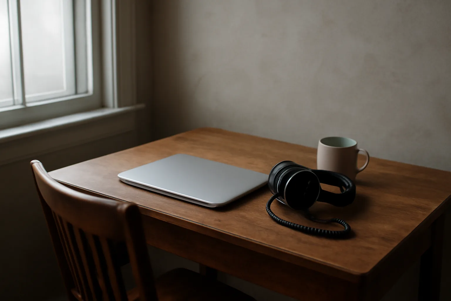 Oak desk and closed laptop in a Delaware scopist home office